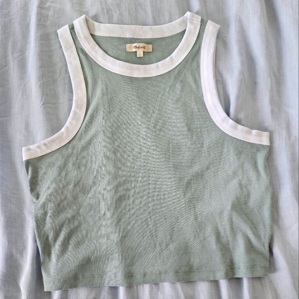 Madewell Sage and White Ribbed Cropped Tank
